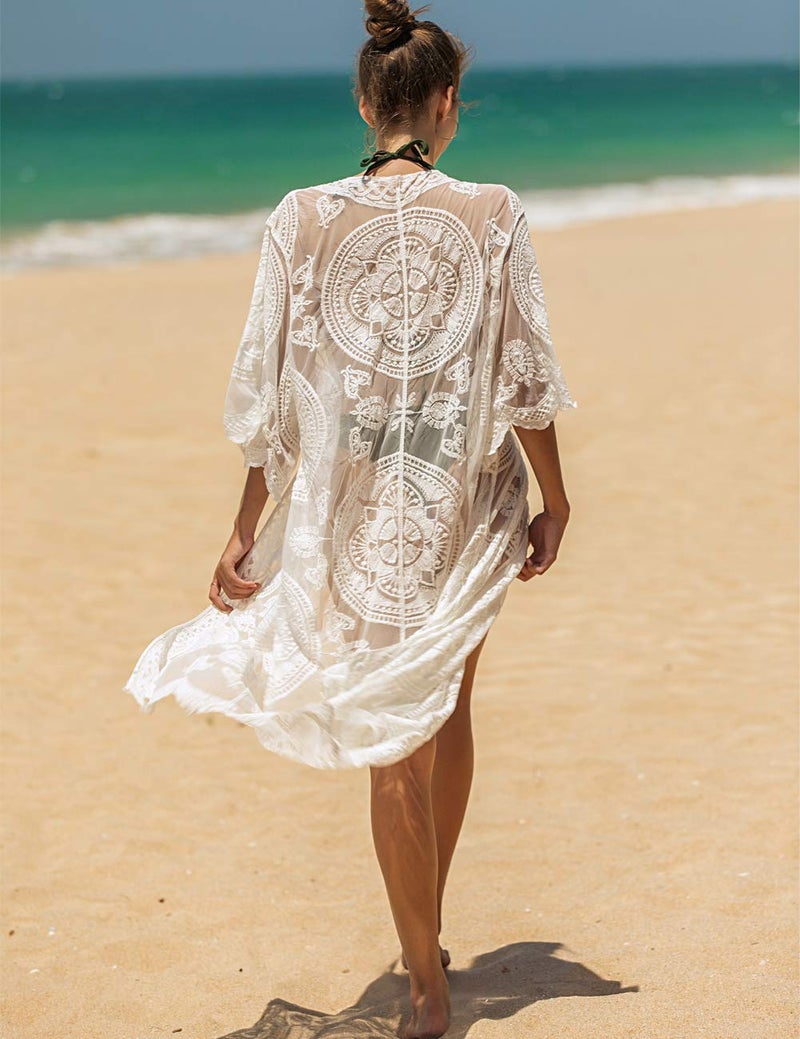 Kistore Womens Sexy Summer Loose Open Front Long White Lace Kimono Cardigan Crochet Beach Cover Up - Image 4